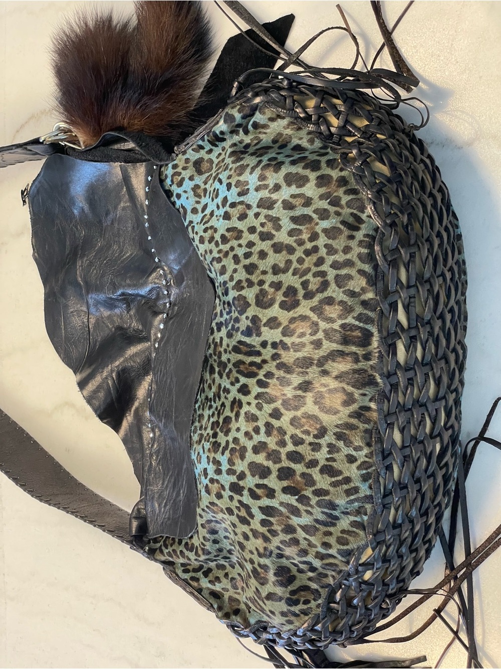 Handcrafted Teal Leopard Leather Shoulder Bag with Embossed Pocket - Picture 7 of 16